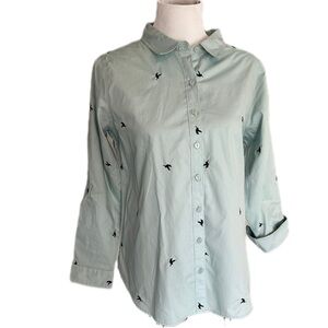 Mint Green, Birds Black Button-Down Shirt Christopher & Banks NWT petite cotton